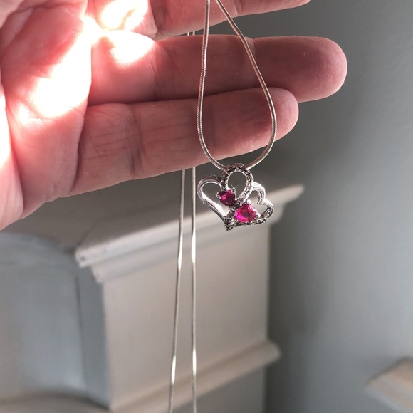 Ruby & Diamond Double-Hearts Necklace, Sterling Silver w/ 24-inch Sterling Chain - Picture 6 of 12